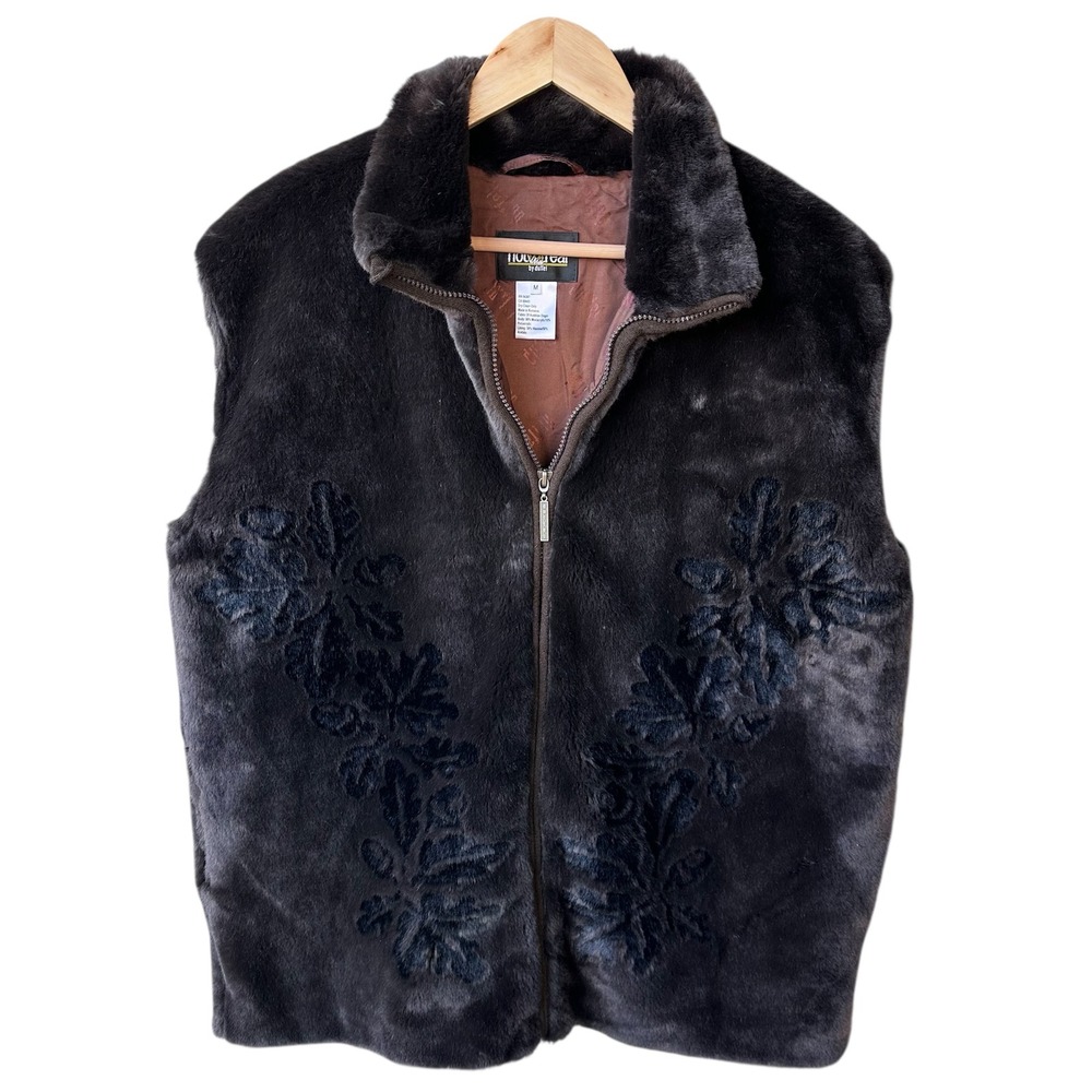Not Fur Real by Duffel Faux Fur Vest Dark Brown Embroidered Full Zip Size Medium